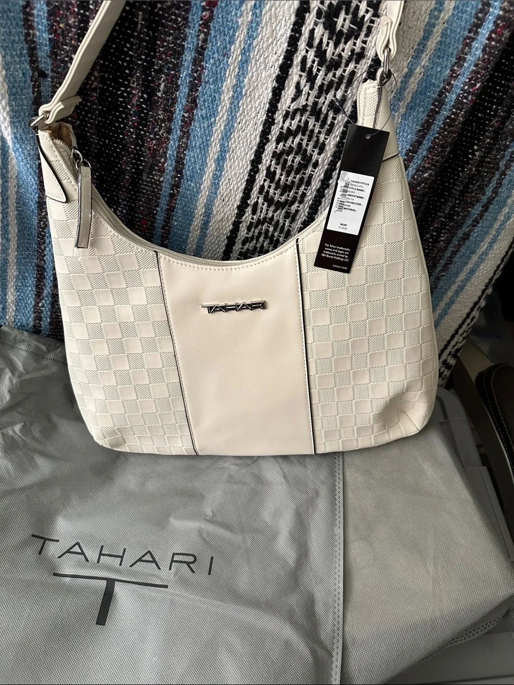 Tahari Cream Checker-Panel Shoulder Bag